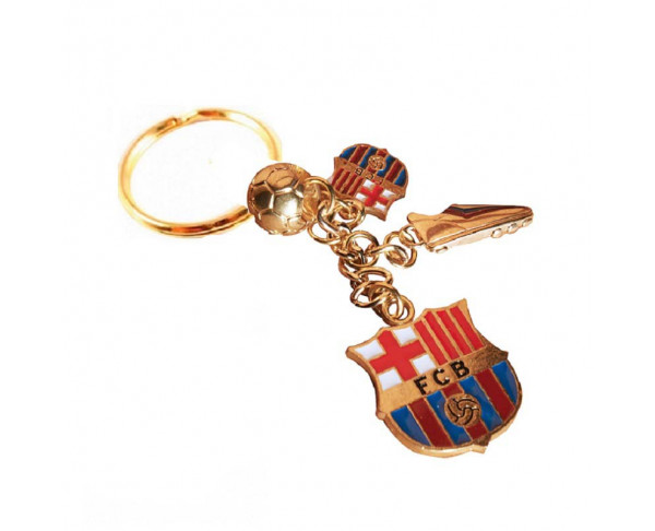 Llavero FC Barcelona con balón bota y escudo de metal dorados