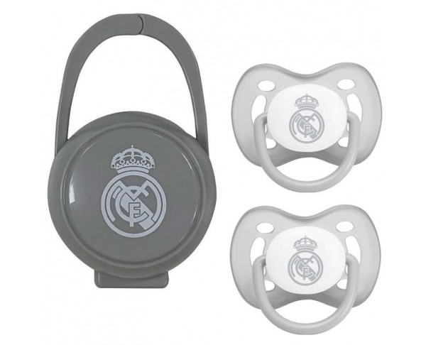 Pack 2 chupetes y cajita portachupetes Real Madrid
