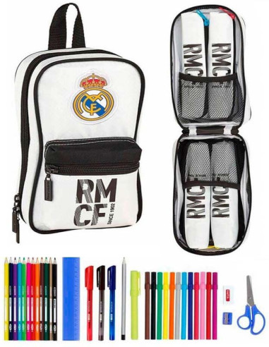 Mini mochila Real Madrid con cuatro estuches y 33 piezas escolares