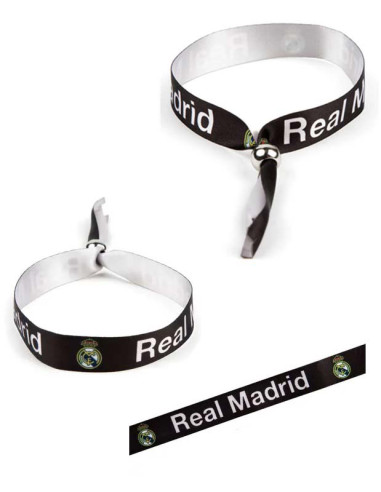 Pulsera Real Madrid cuero negro con escudo y leyenda blanca