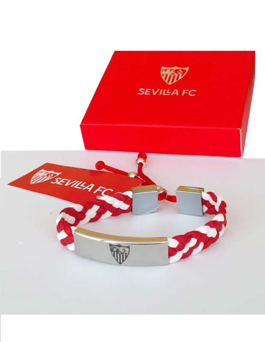 Pulsera blanca y roja Sevilla FC con escudo en metal plateado